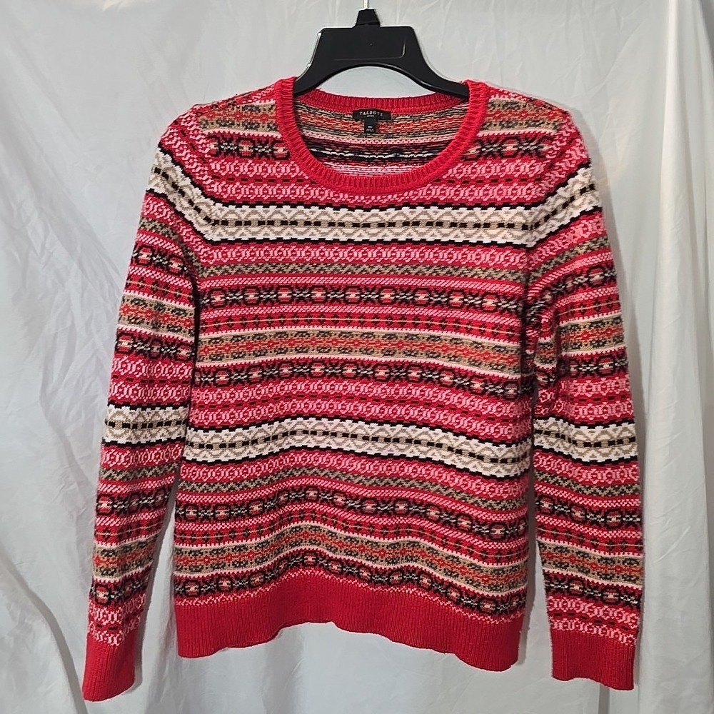Talbots‎ Fair Isle Sweater Women's Crewneck Black Red Brown Size M Petite